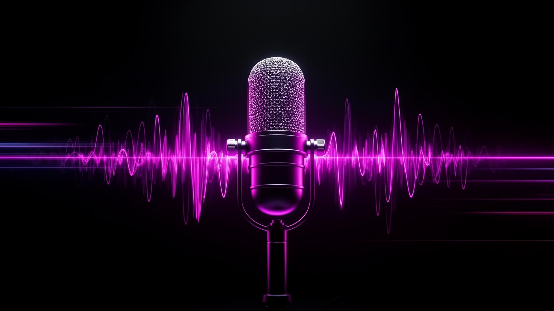 Studio microphone with neon soundwaves